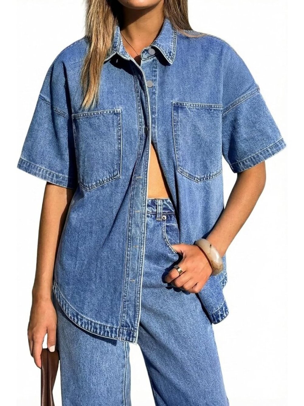 Wome's Dark Blue Oversized Long Sleeve Button Down Blouse Distressed Jean Jacket